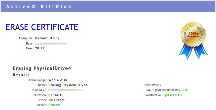 Exemple de certificat d’effacement sécurisé